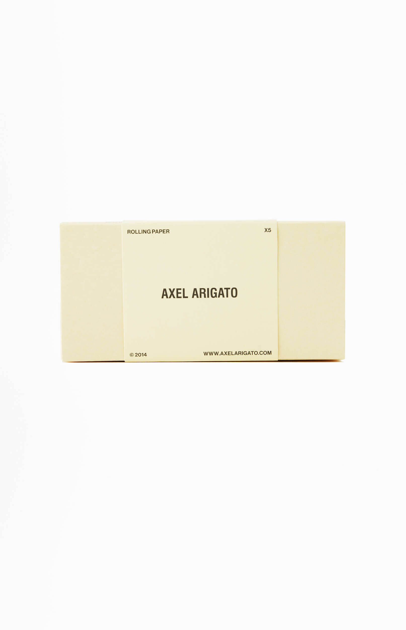 A beige rectangular box of Axel Arigato rolling paper, marked 'X5', with '© 2014' and 'www.axelarigato.com' printed on the front, set against a plain white background.