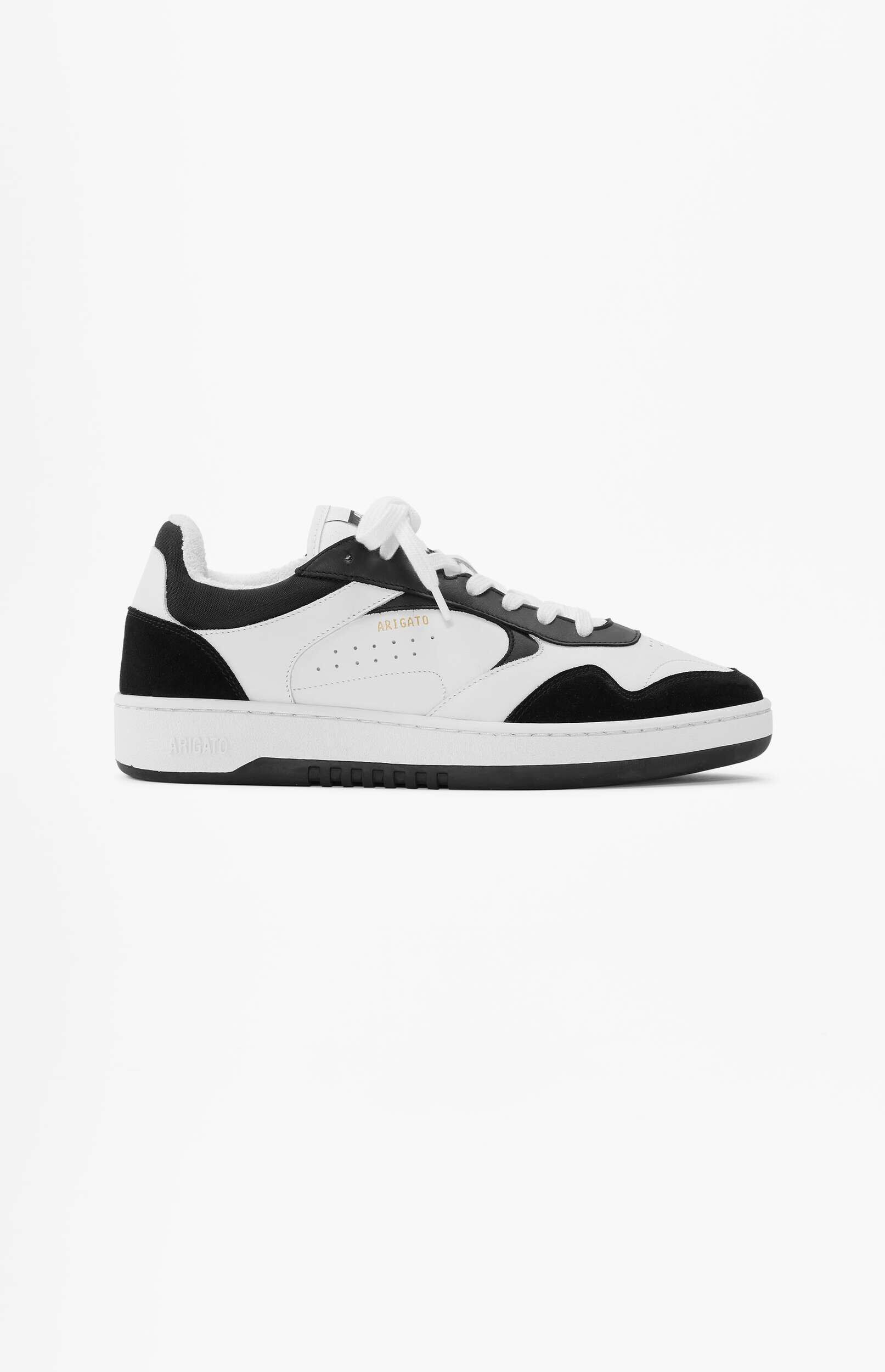A white and black ARIGATO sneaker with white laces, shown from a side profile against a plain white background.