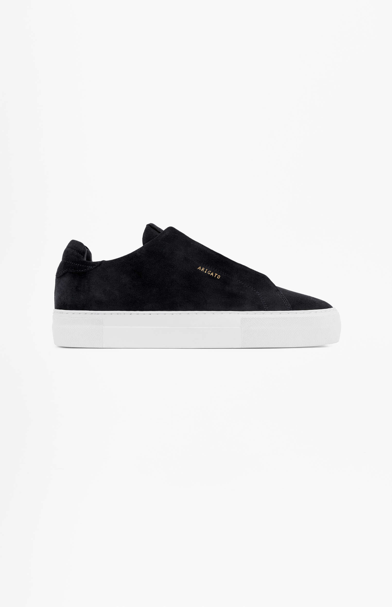A single black suede ARIGATO sneaker with a thick white sole, shown from a side view against a plain white background.
