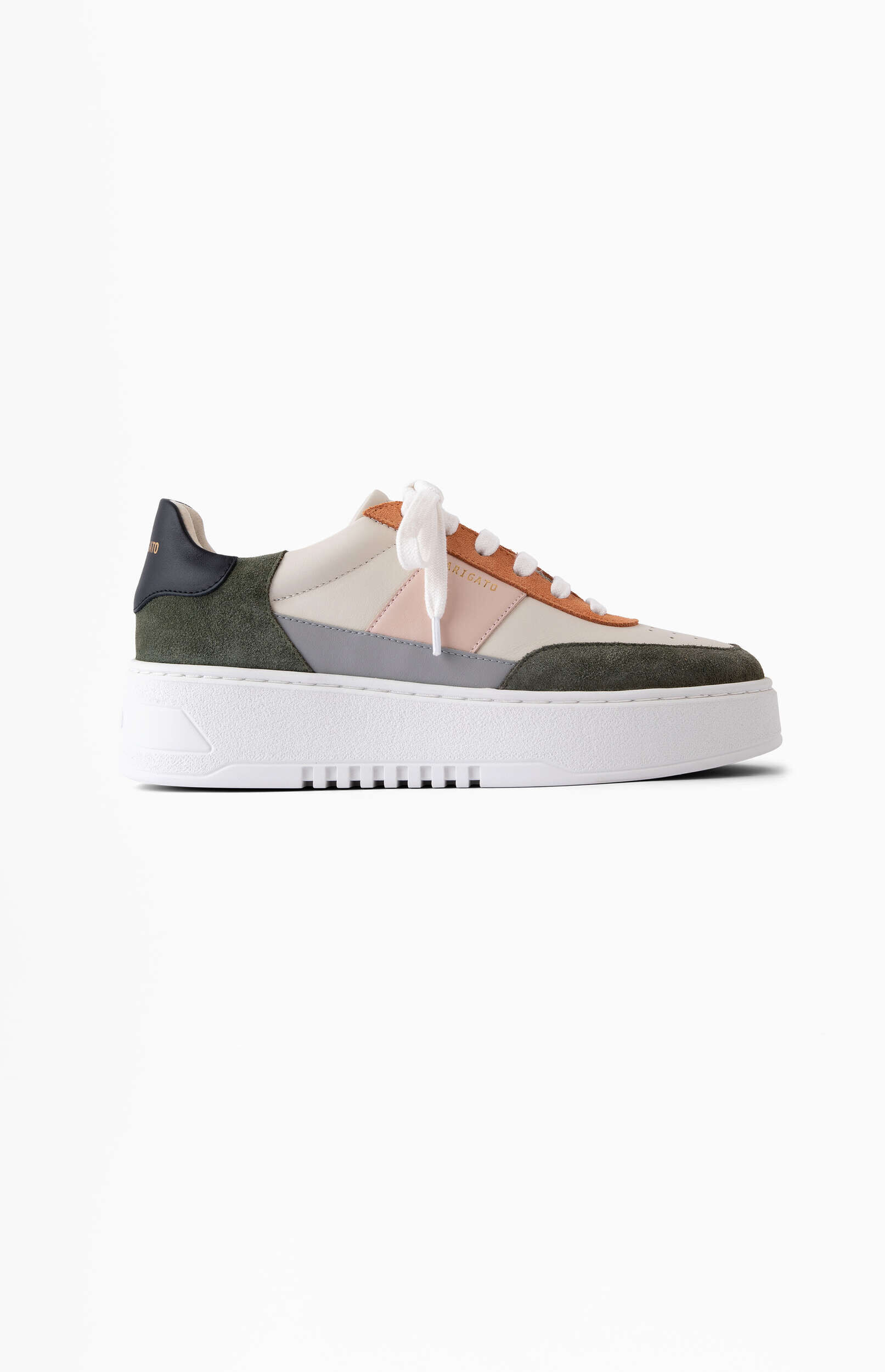 A multi-colored platform sneaker with white laces, featuring panels of olive green, light beige, light pink, light grey, and reddish-brown, on a thick white sole, positioned against a plain white background.