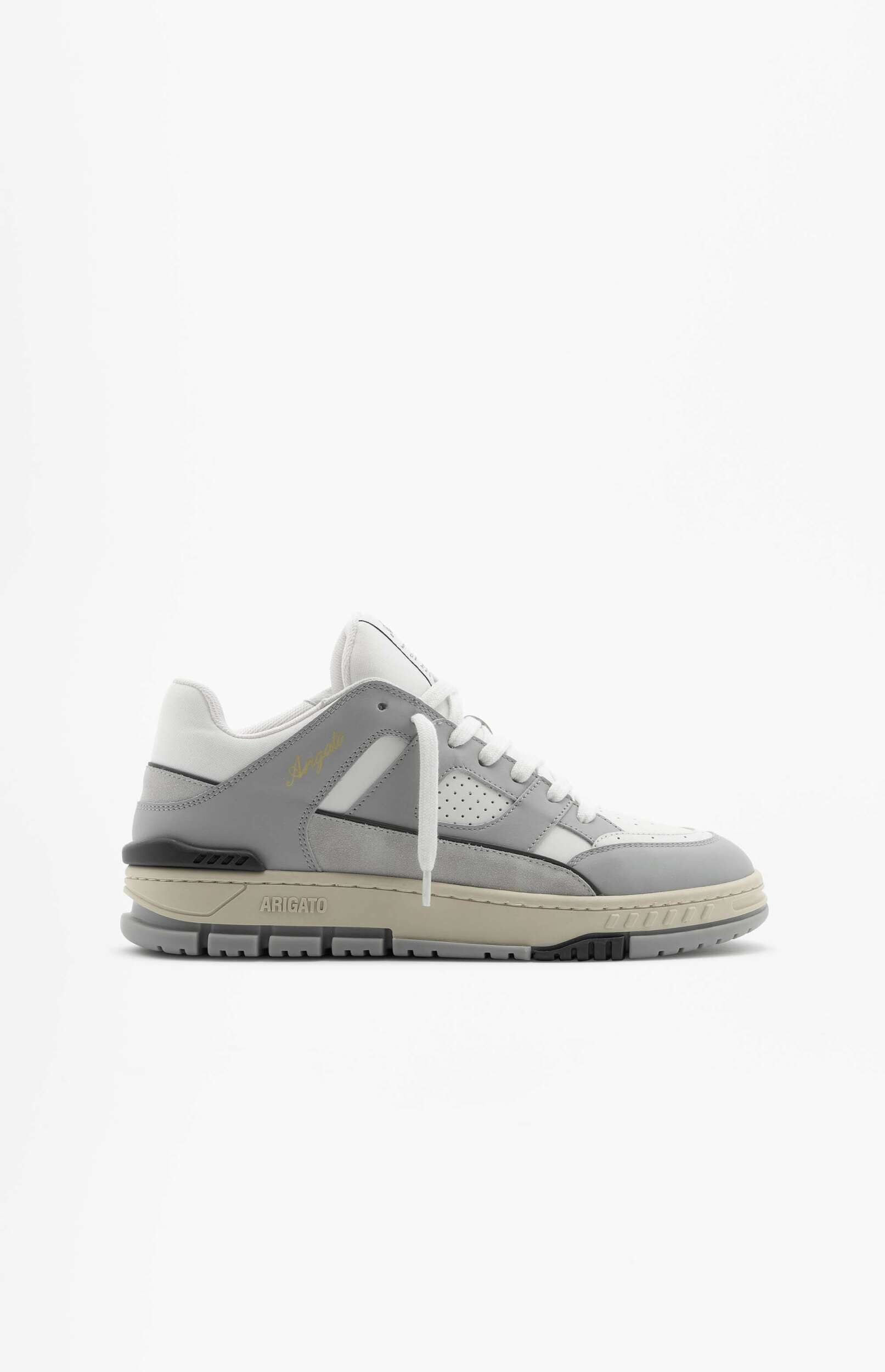 A single grey and white low-top Axel Arigato Genesis sneaker with beige sole accents, featuring perforations on the sides and visible 'ARIGATO' branding on the midsole, presented against a plain white background.
