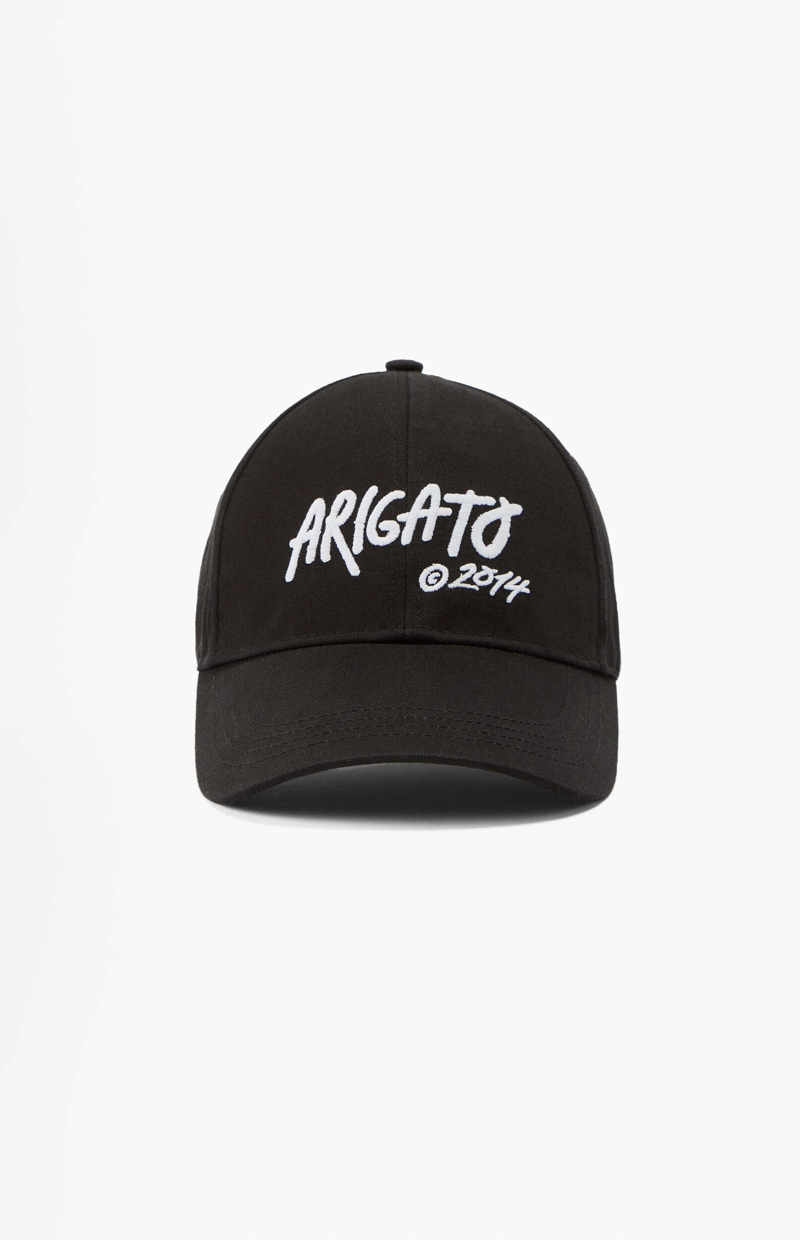 A black baseball cap with white embroidered text 'ARIGATO' in a stylized font and '© 2014' below it, centered on a plain white background.