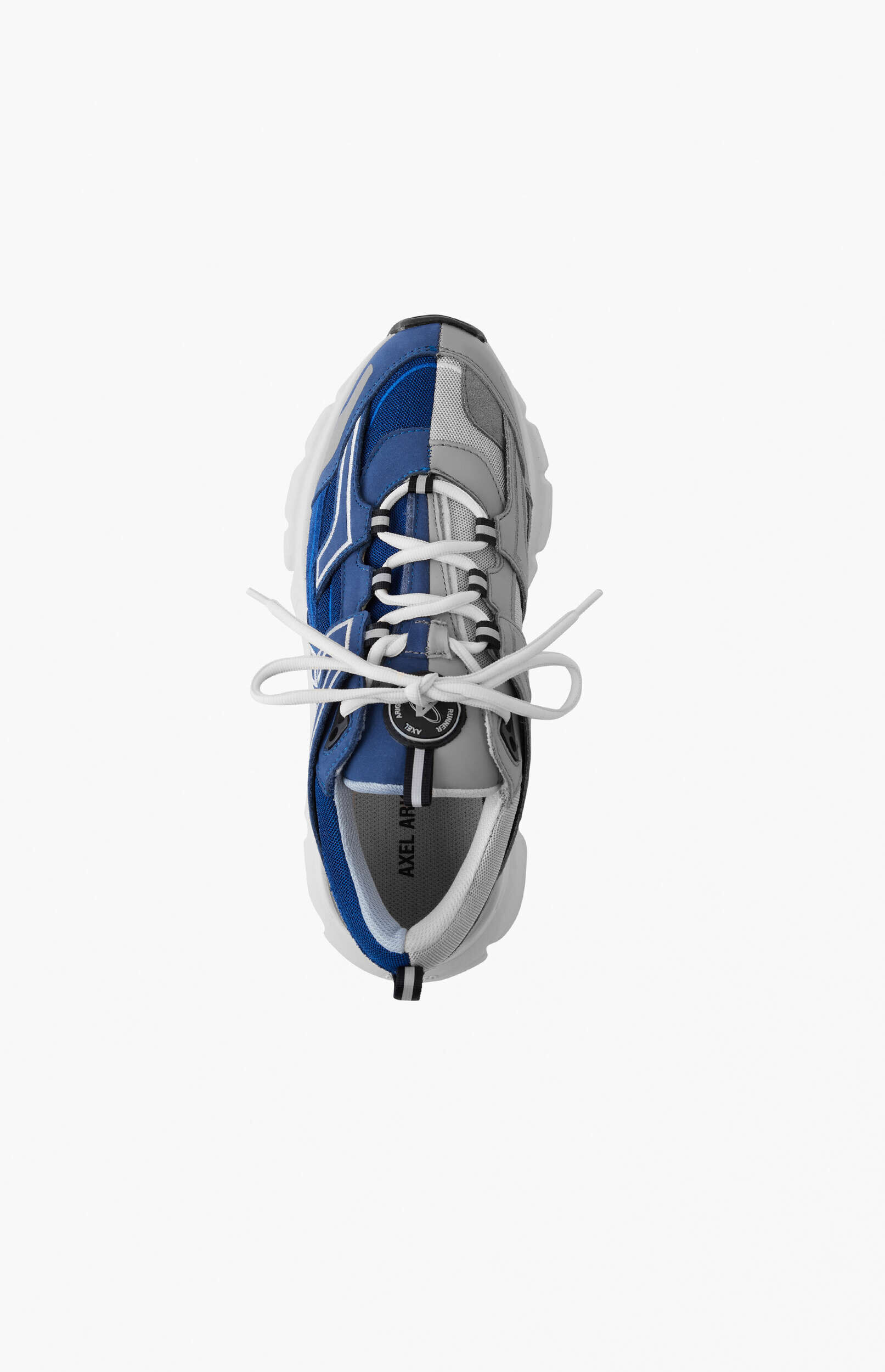 A single Axel Arigato Origin Runner sneaker from a top-down view, featuring a split design with one side in blue and the other in grey, white shoelaces tied in a bow, and a chunky white sole.
