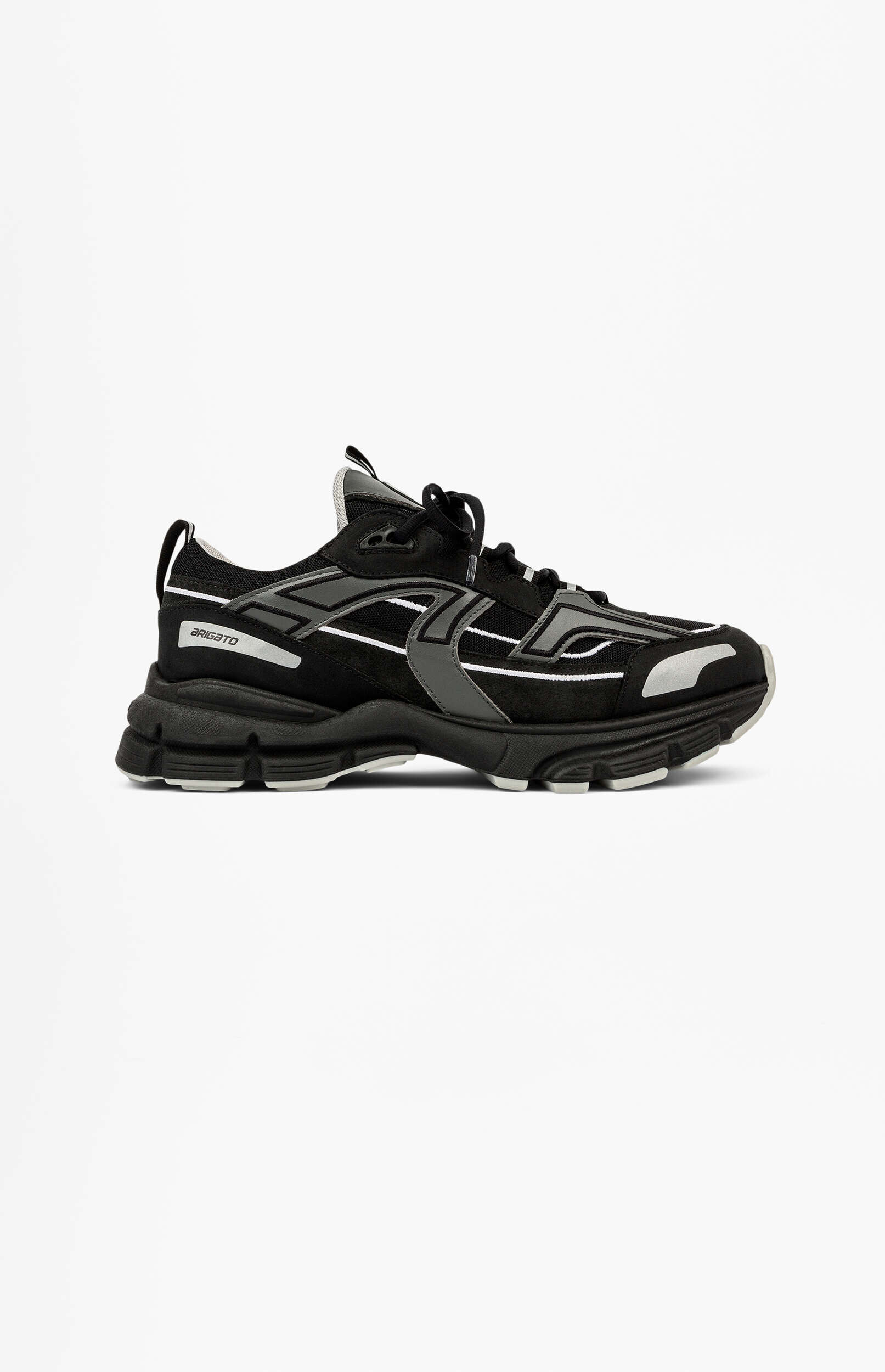 A black chunky athletic sneaker with grey and white accents, featuring a thick sole and the 'ARIGATO' brand name visible on the side, presented on a white background.