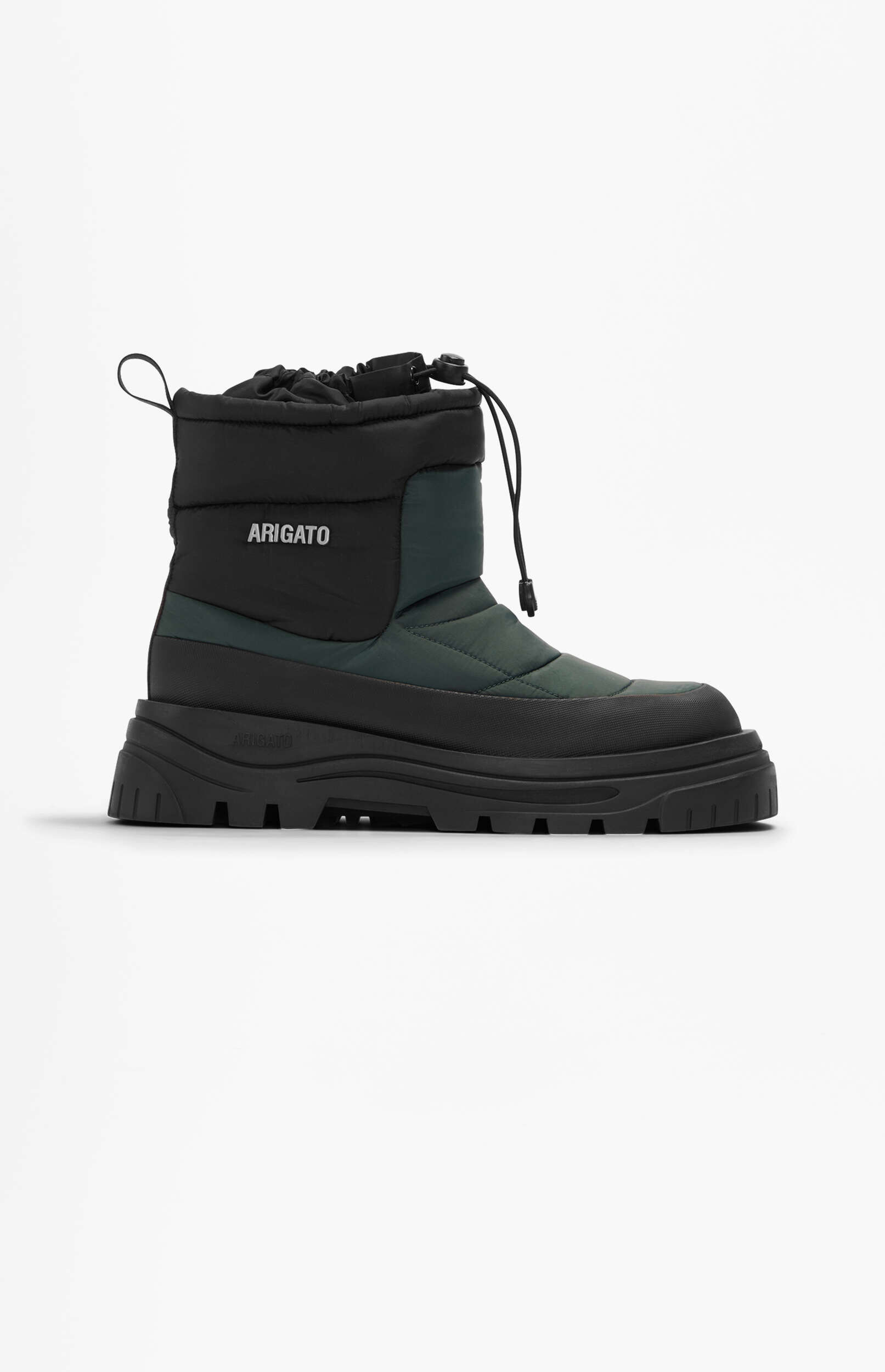 An ARIGATO two-tone black and dark green quilted winter boot, featuring a thick black lug sole and a drawstring closure at the top, displayed on a white background.