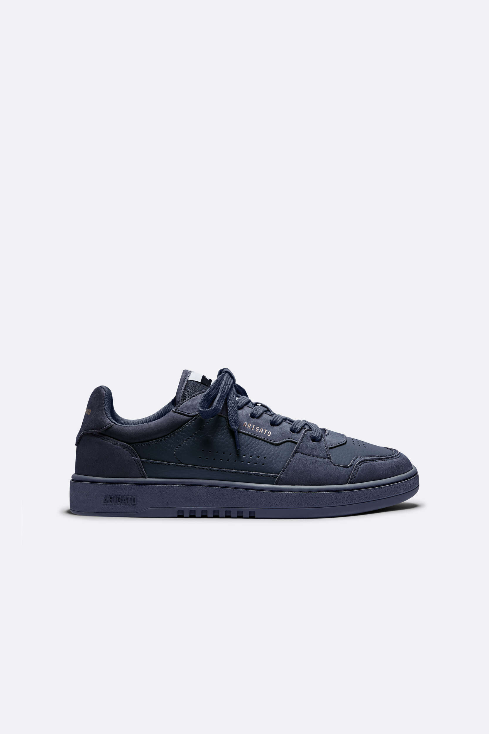 A single dark blue ARIGATO sneaker, made of leather, with matching laces and visible branding, presented against a clean white background.