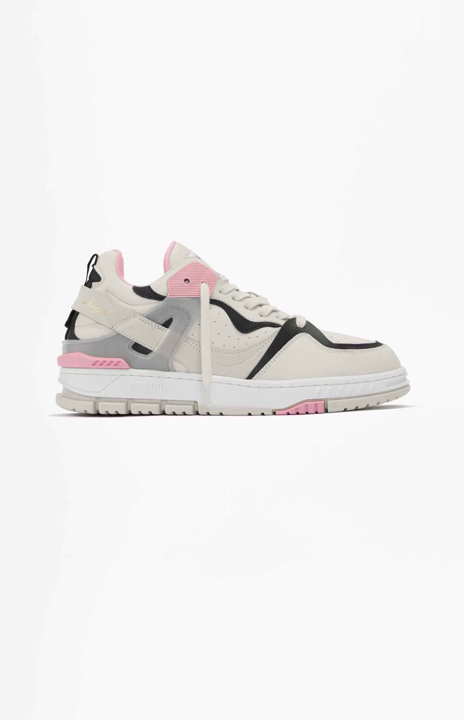 A white, black, and pink Axel Arigato sneaker with a chunky sole, viewed from the side on a white background.