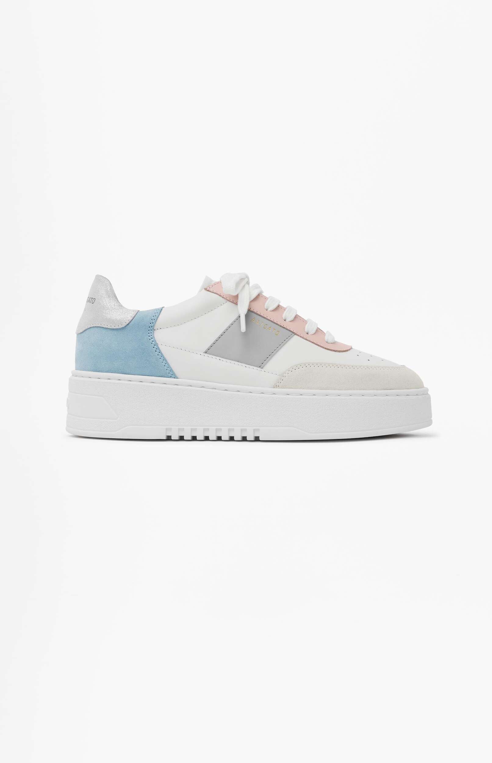 A white Axel Arigato Clean 90 Platform sneaker with light blue, light pink, and light gray accents, featuring a thick white sole and a metallic silver heel tab, displayed on a clean white background.