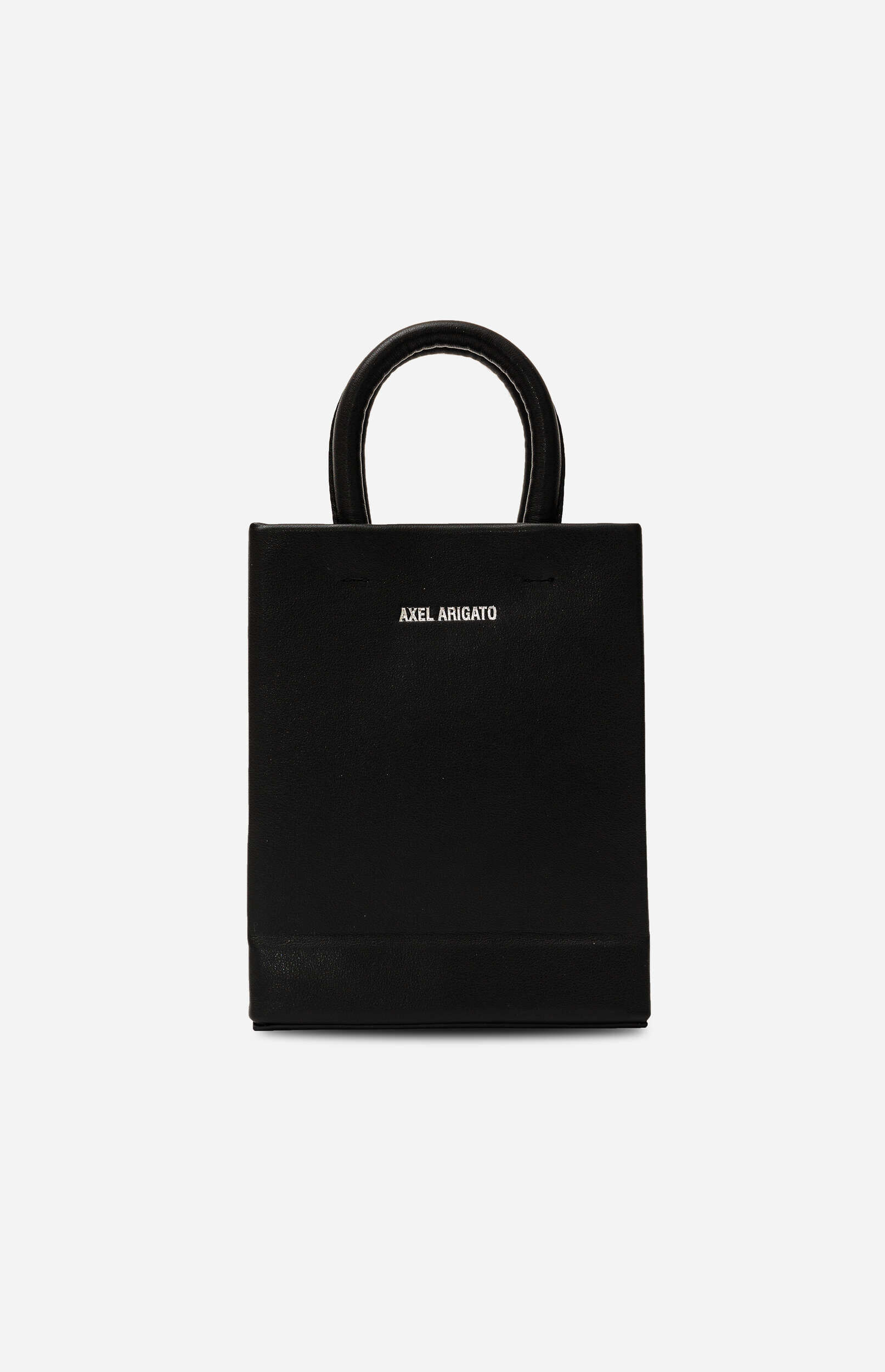 A small, black rectangular Axel Arigato handbag with a single rounded top handle, centered on a plain white background.