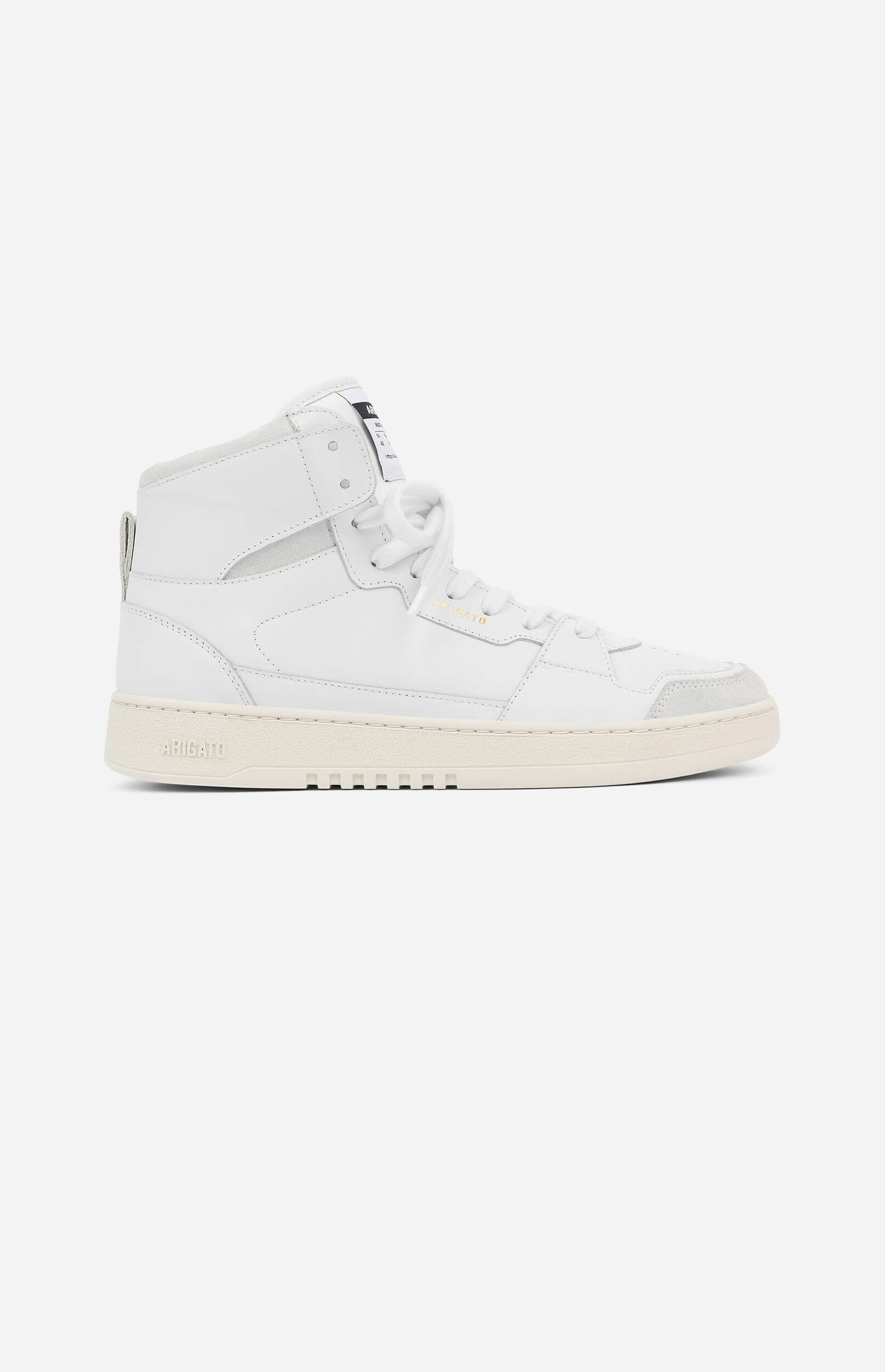 A clean white leather high-top sneaker with an off-white rubber sole, featuring a minimalist design. The shoe has white laces and 'ARIGATO' embossed on the side of the sole, displayed on a plain white background.