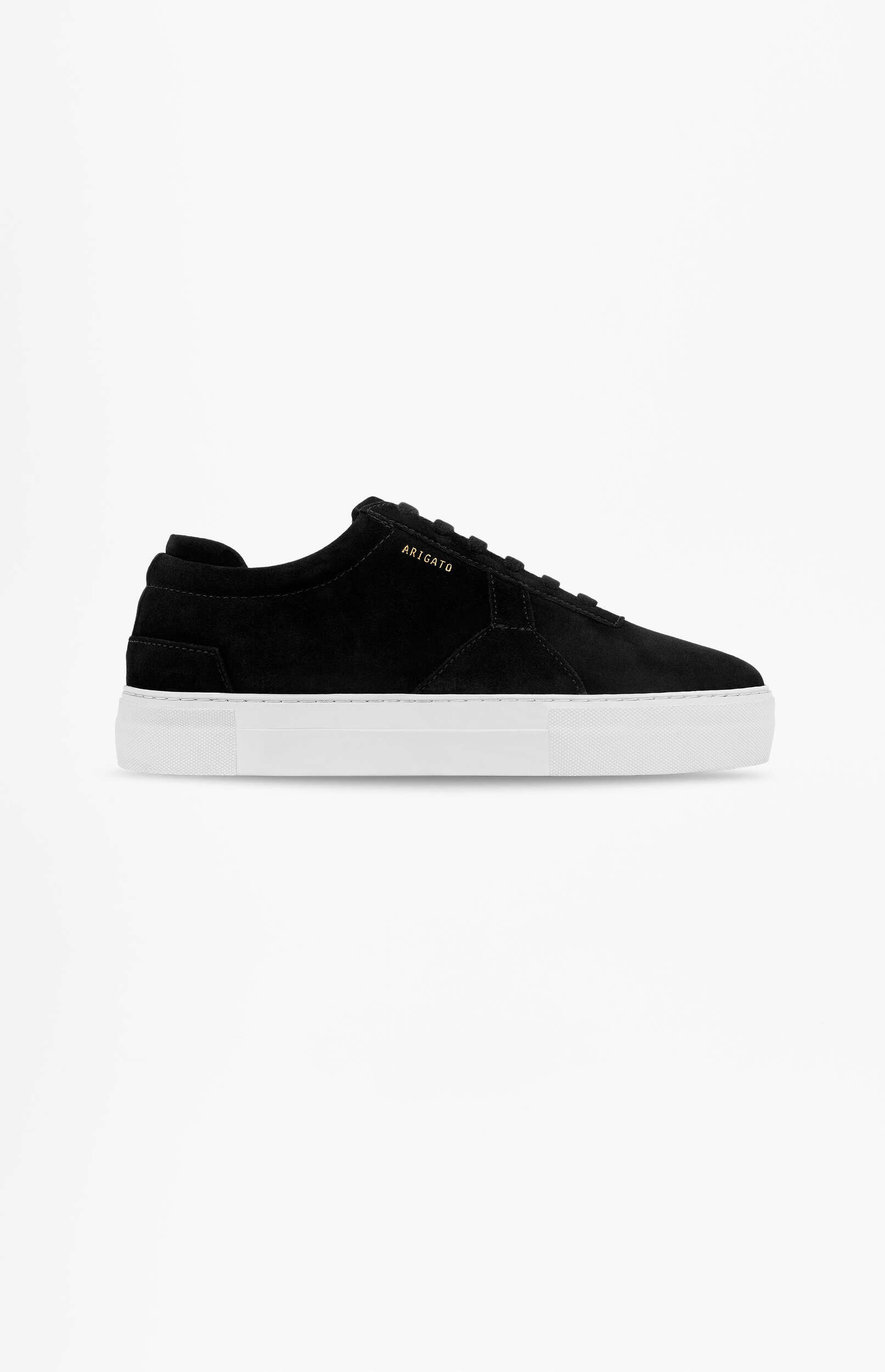 Black suede low-top sneaker with a thick white platform sole and gold 'ARIGATO' branding on a white background.
