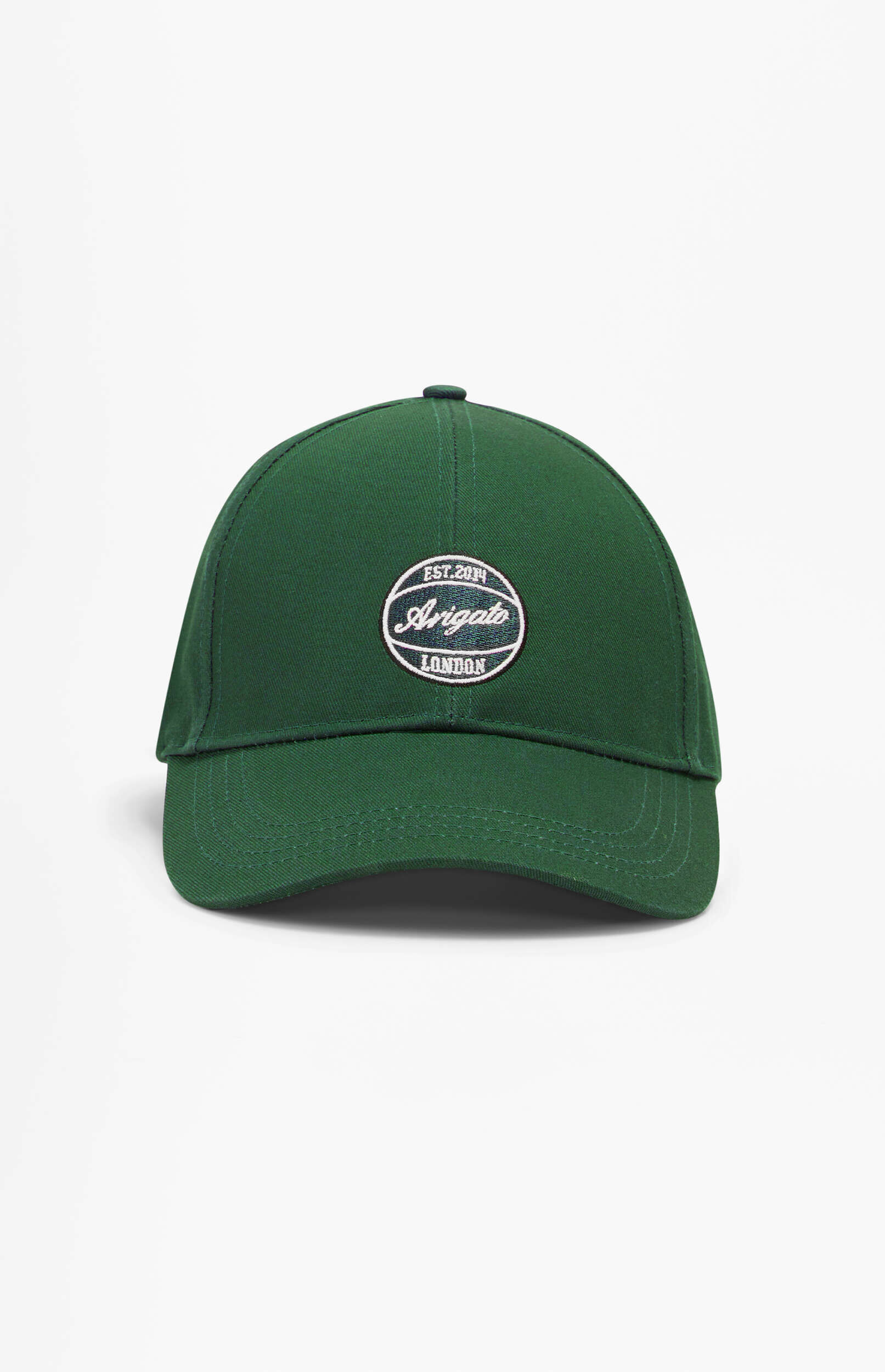 Dark green baseball cap with a white embroidered 'Arigato London Est. 2014' logo patch on the front.