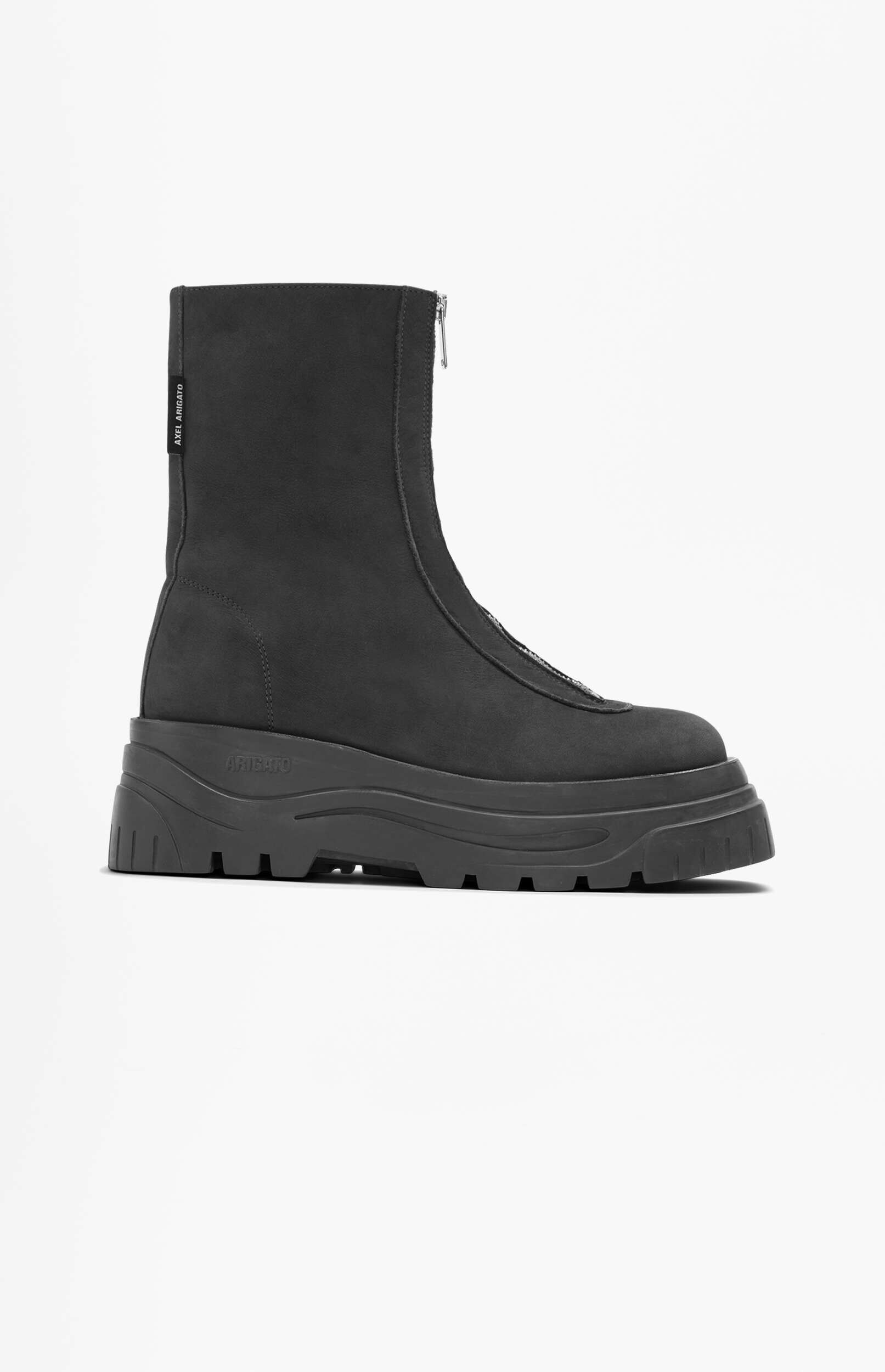 A single dark grey Axel Arigato boot with a front silver zipper and chunky platform sole, standing on a white background.