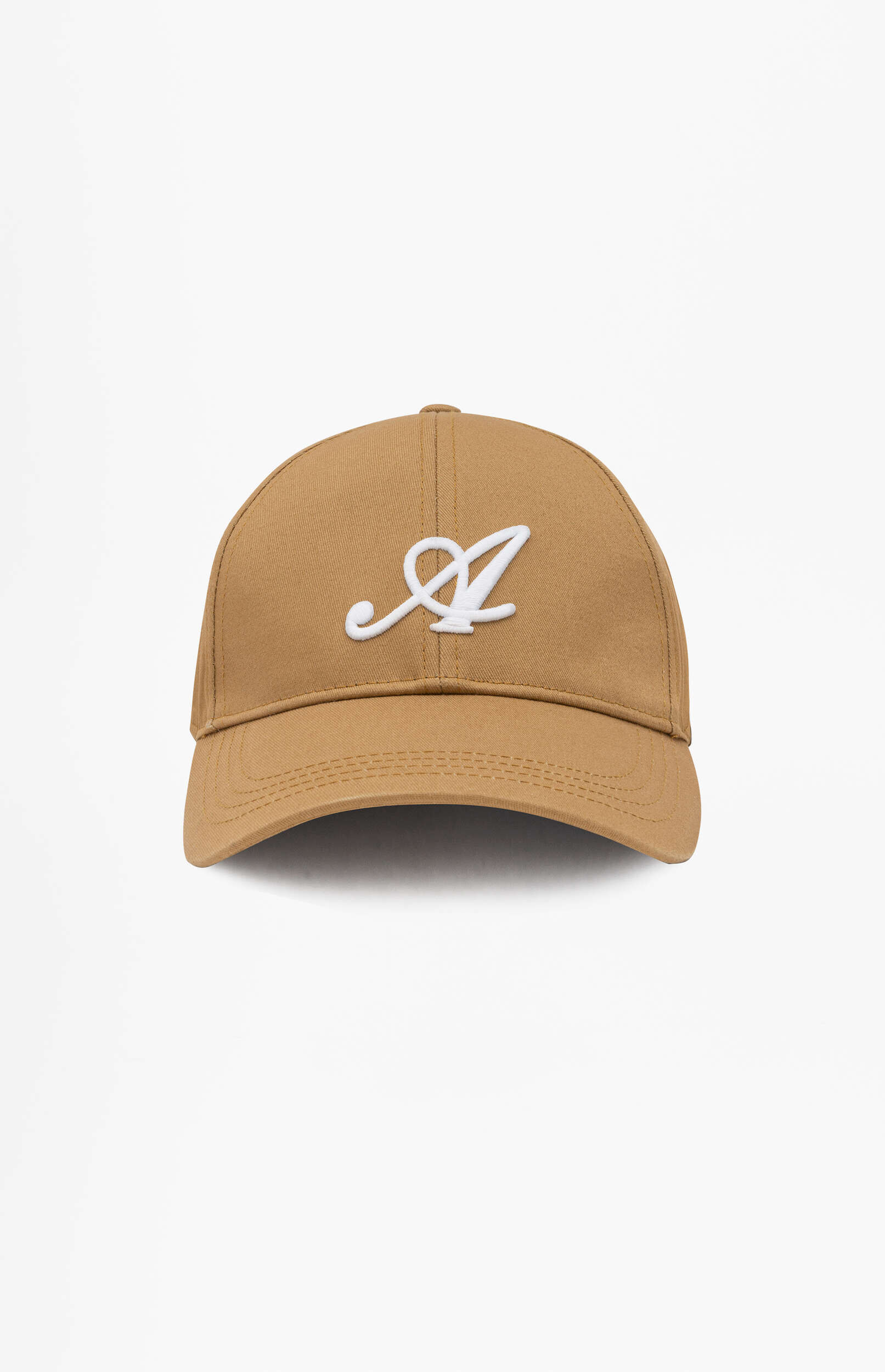 Front view of a camel-colored baseball cap featuring a white embroidered, stylized cursive letter 'A' on the front, set against a plain white background.