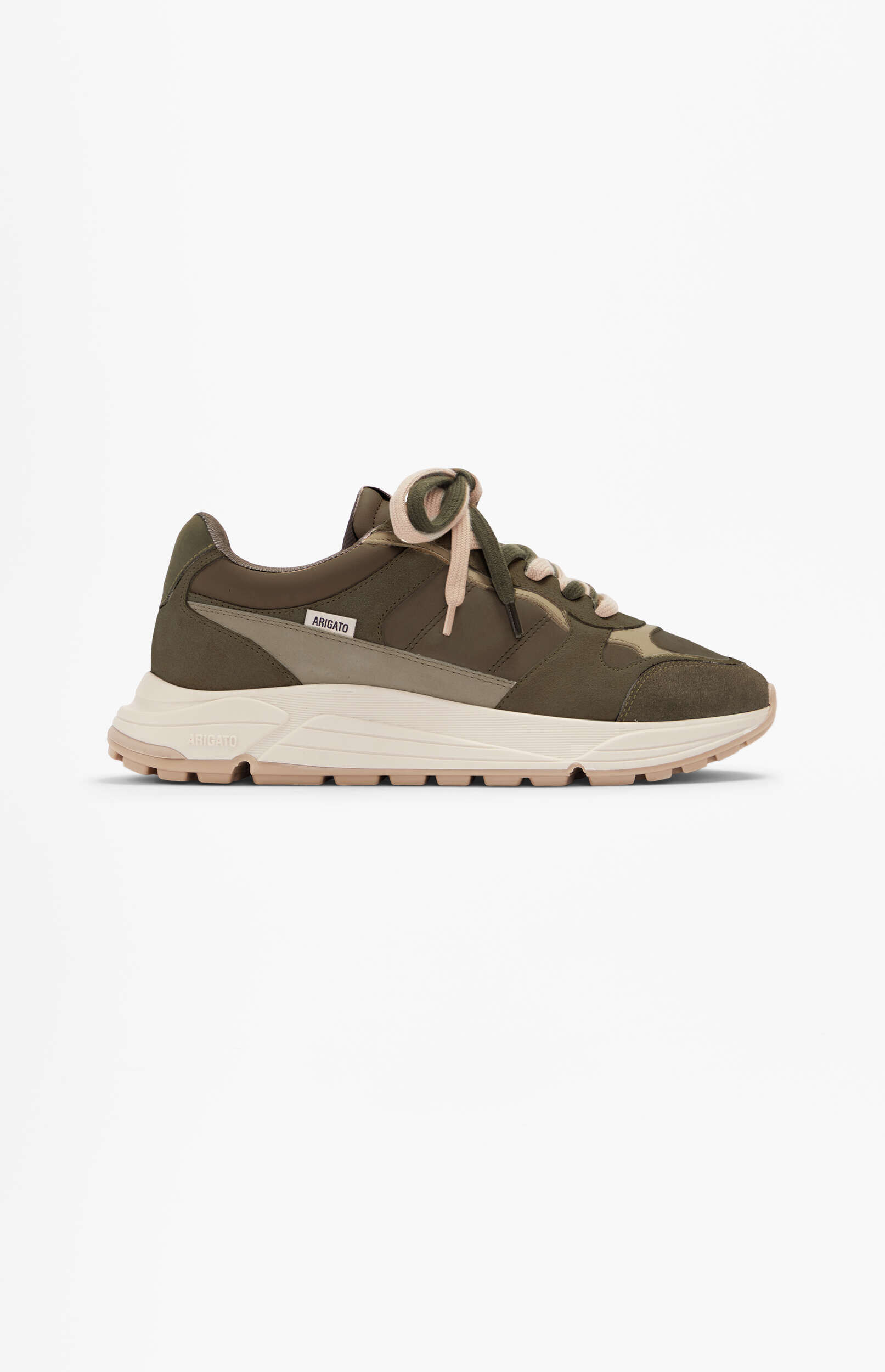 A single olive green, beige, and cream Axel Arigato sneaker with pink sole accents and mixed color laces, displayed on a white background.
