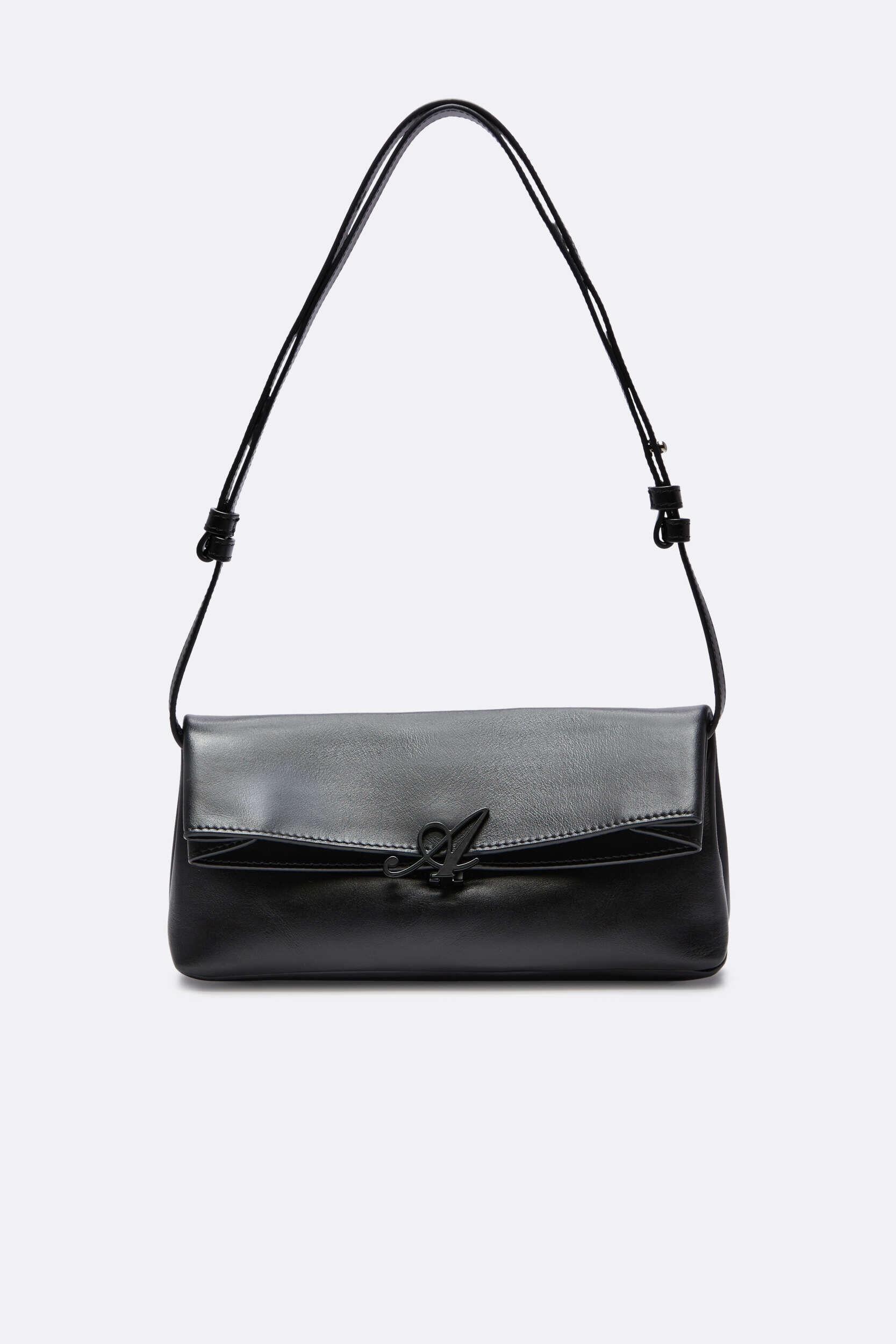A sleek black leather shoulder bag with a minimalist design, featuring a prominent 'A' shaped metallic clasp on the front flap closure, against a clean white background.